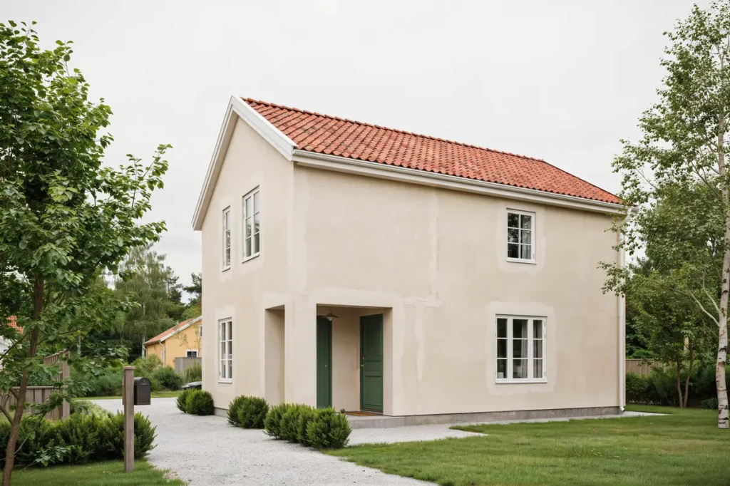 fasadm lning av putsad villa efter underh ll i bro